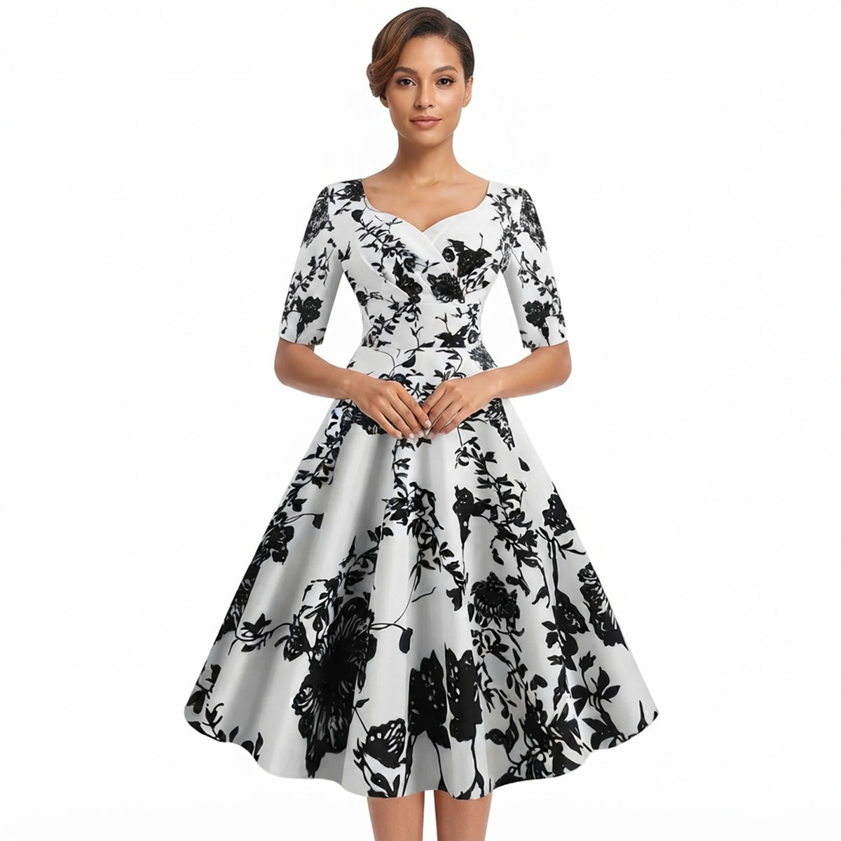 Womens Black Floral Print Vintage A - Line Summer Dress