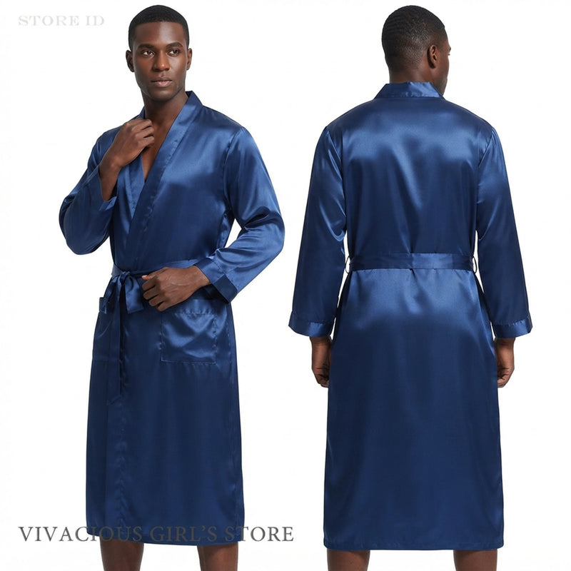Men's Navy Blue Silk Satin Long Robe