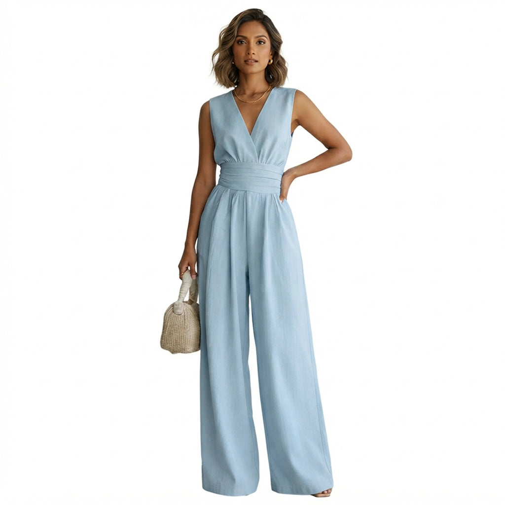 Women's High Waist V - Neck Casual Wide Leg Jumpsuit