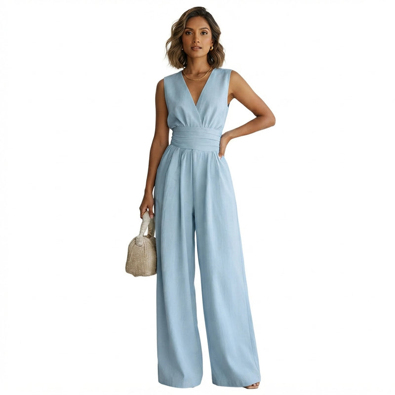 Women's High Waist V-Neck Casual Wide Leg Jumpsuit
