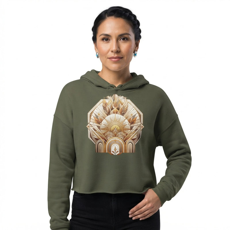 Golden Geometric Sunburst Mandala Womens Crop Hoodie