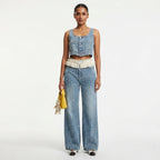 High - End Lace Denim Vest and Wide - Leg Pants Two - Piece Set