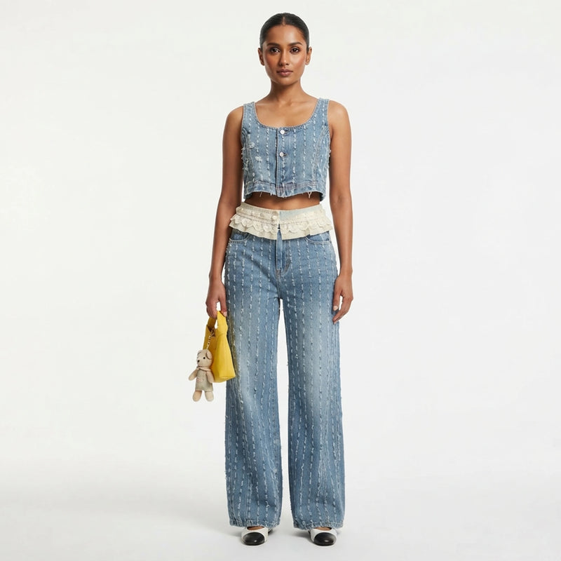 High - End Lace Denim Vest and Wide - Leg Pants Two - Piece Set