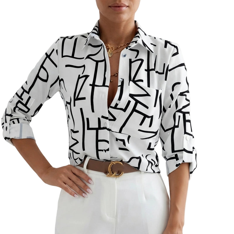 Womens Floral Print Long Sleeve Polo Blouse