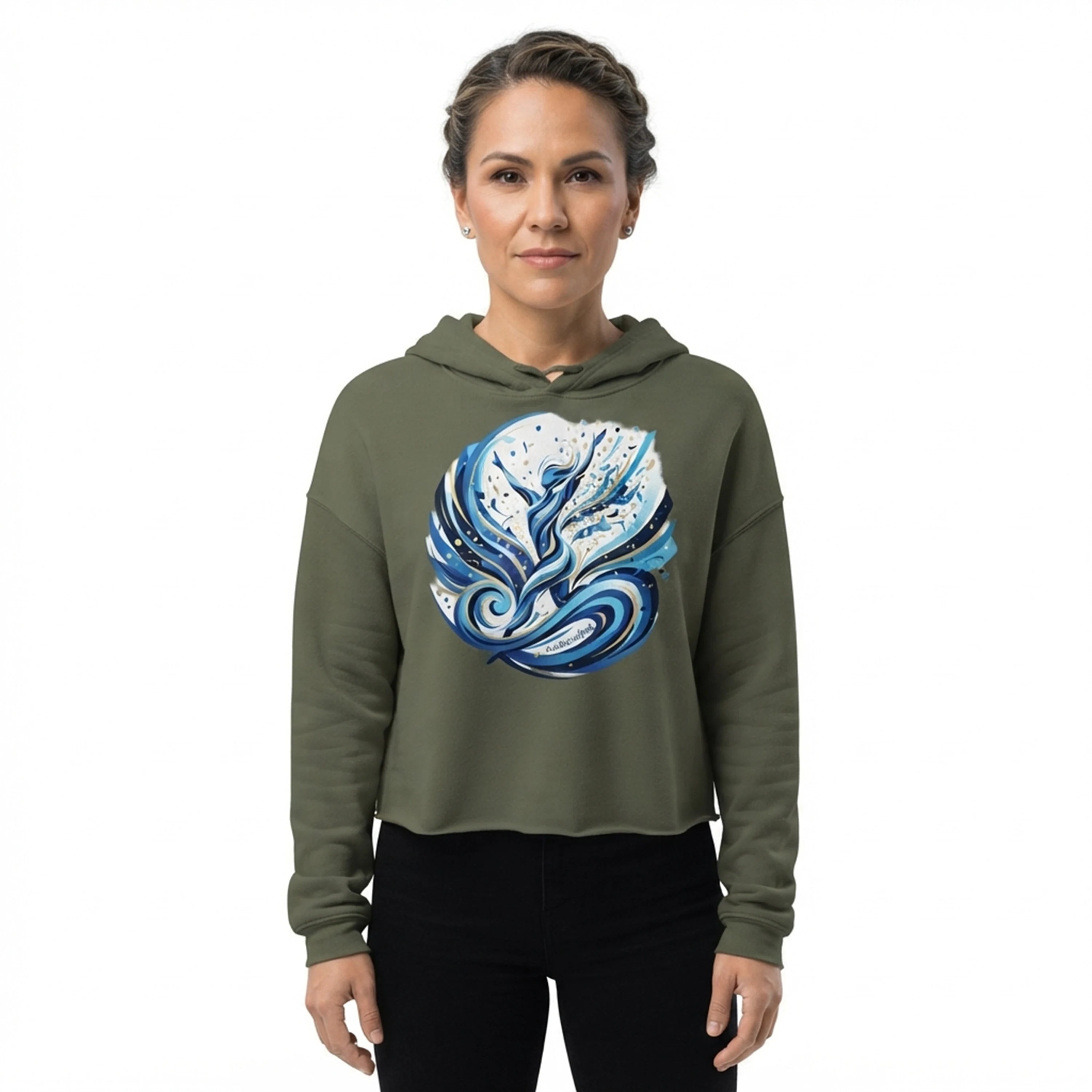 Dynamic Blue Abstract Figure Womens Crop Hoodie