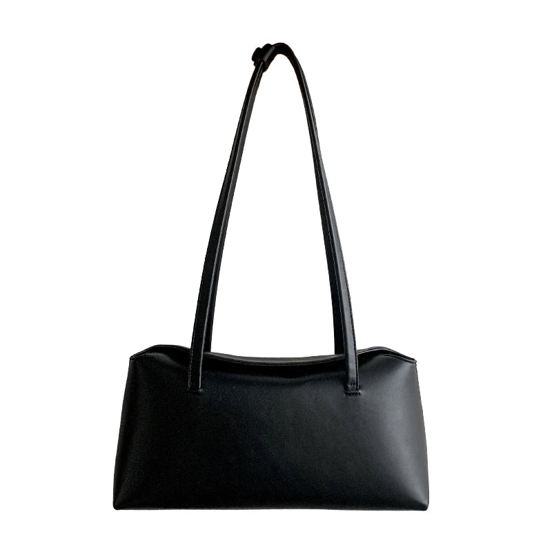 Stylish black PU baguette shoulder bag for women with sleek design and long straps