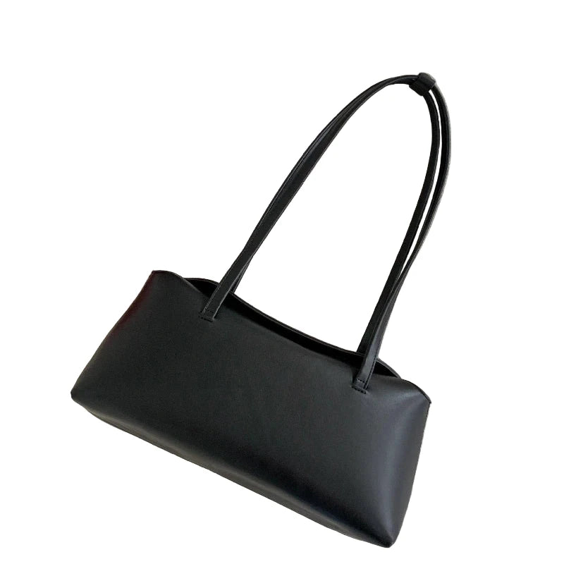 Stylish black PU baguette shoulder bag for women with red gloves and accessories
