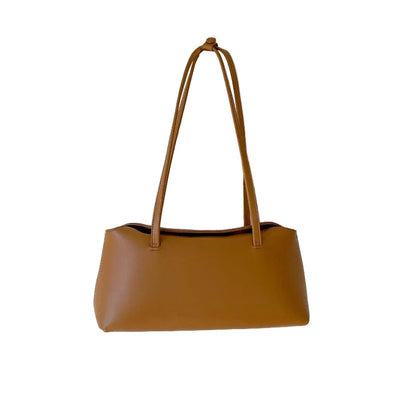 Brown PU baguette shoulder bag for women with sleek design and long straps by LuckeLadybug LLC