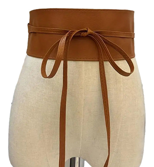 LuckeLadybug PU leather corset belt for women with a stylish bow tie closure in brown color