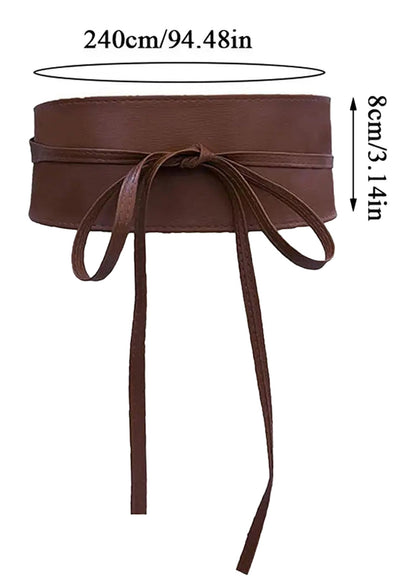 LuckeLadybug PU leather corset belt for women in brown with adjustable ties and measurements for a perfect fit