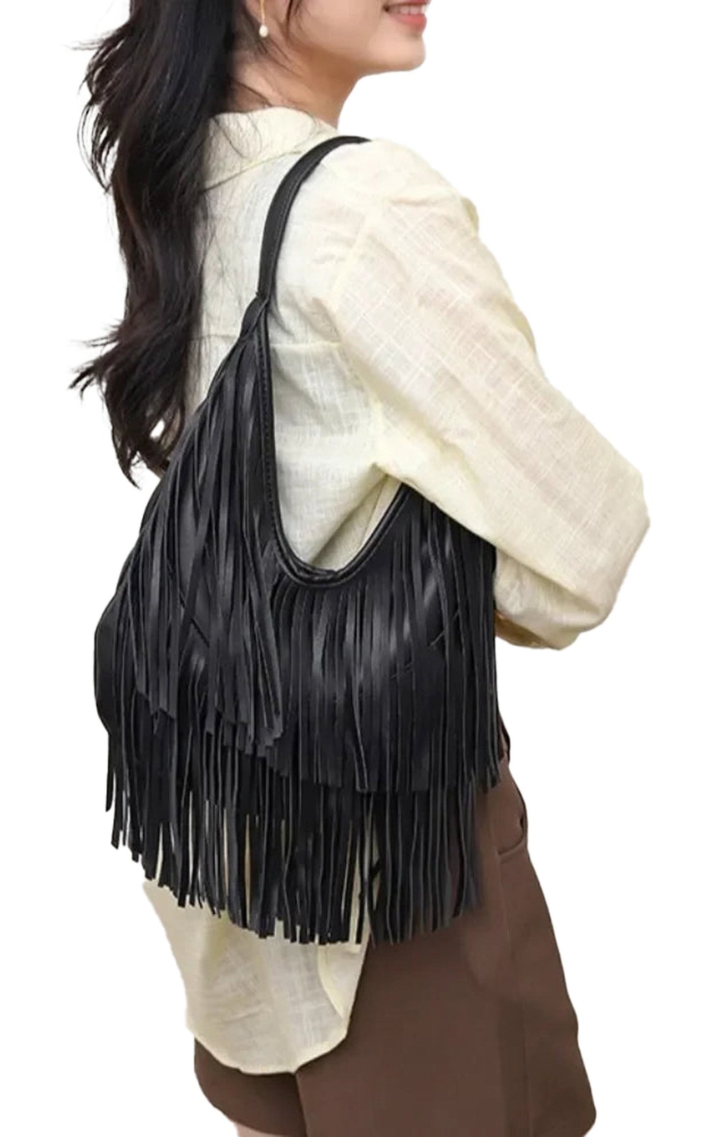 Stylish black PU leather tassel hobo bag with fringe for a trendy look