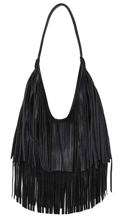LuckeLadybug PU leather tassel hobo bag with stylish fringe for a trendy look