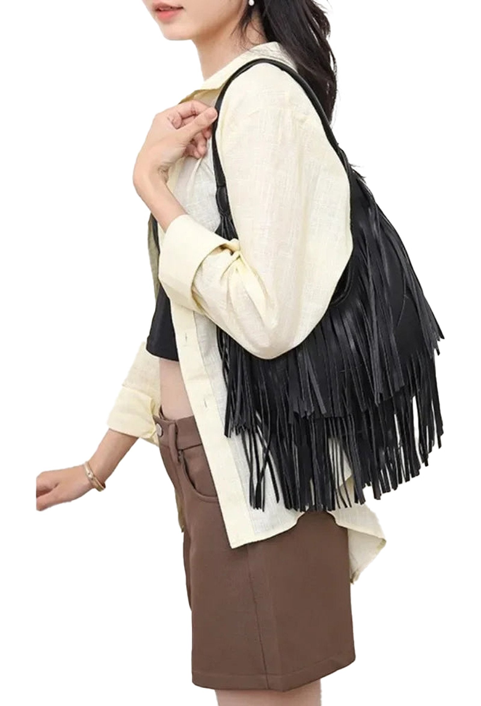 Stylish PU leather tassel hobo bag with fringes, perfect for casual everyday outfits