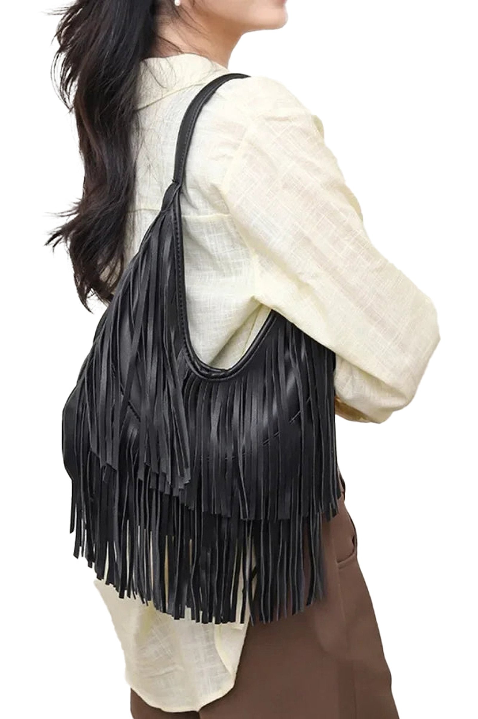 Chic PU leather tassel hobo bag with stylish fringe design, perfect for everyday use