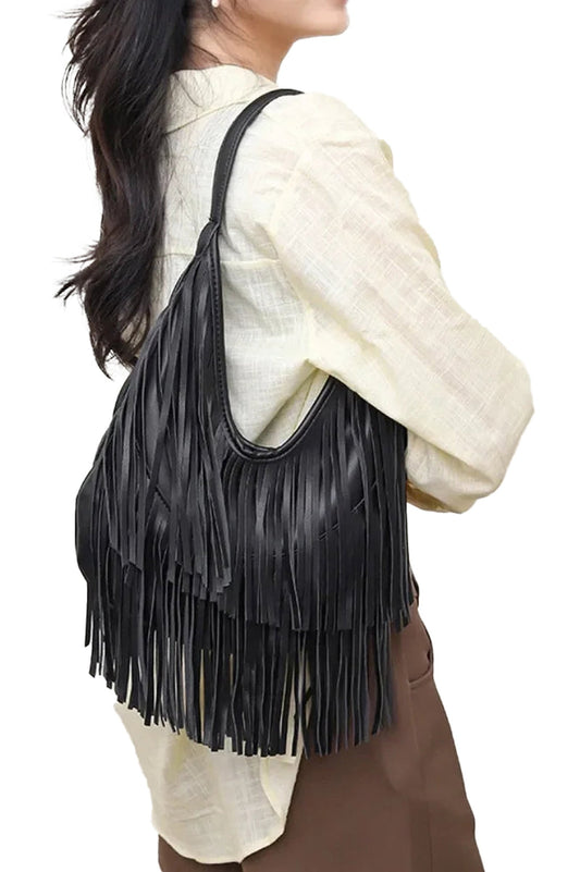 Chic PU leather tassel hobo bag with stylish fringe design, perfect for everyday use