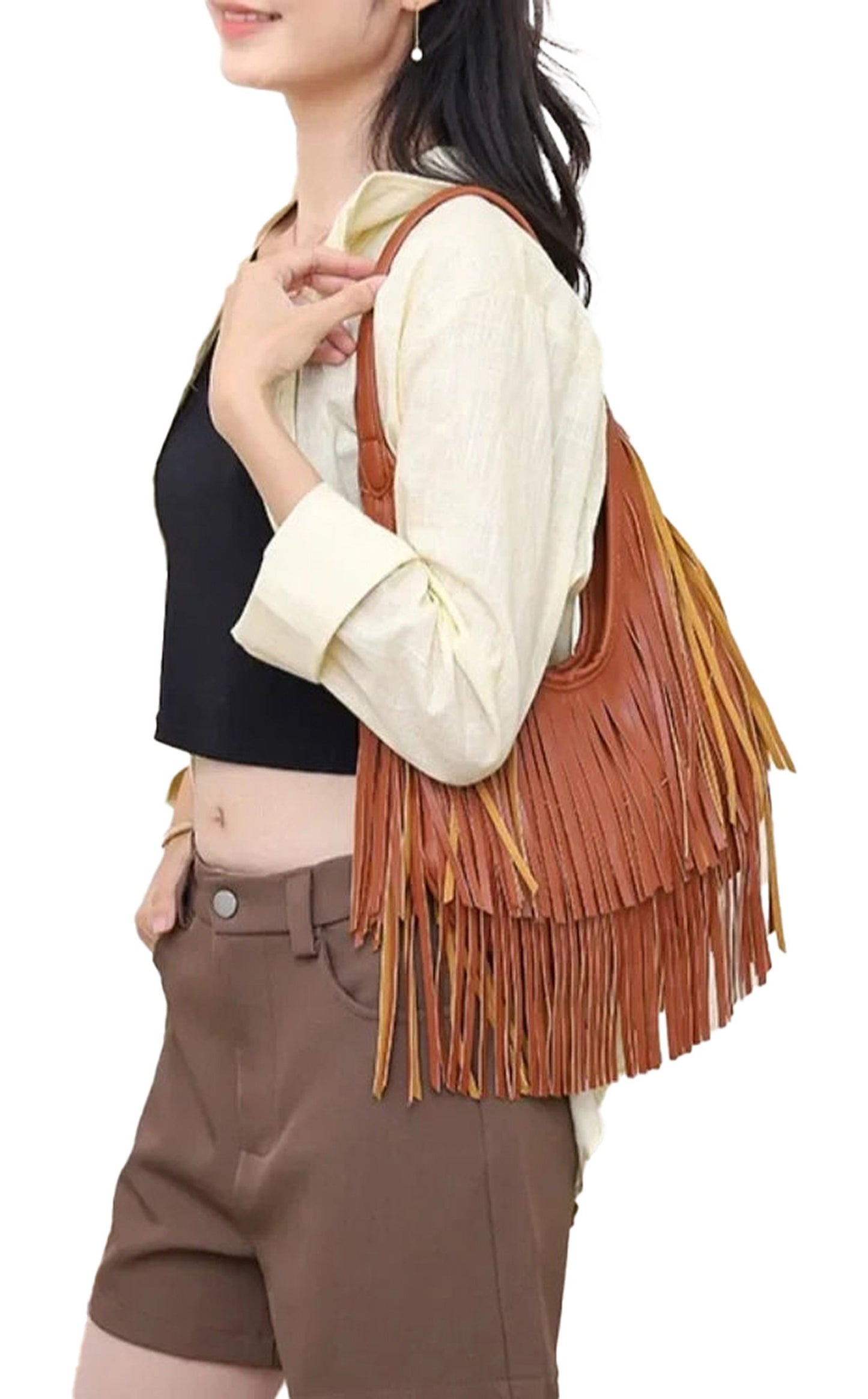Stylish PU leather tassel hobo bag in brown, featuring fringe detailing for a trendy look