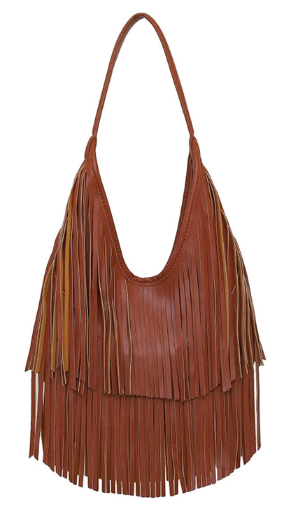 LuckeLadybug PU leather tassel hobo bag with stylish fringe design for a bohemian look