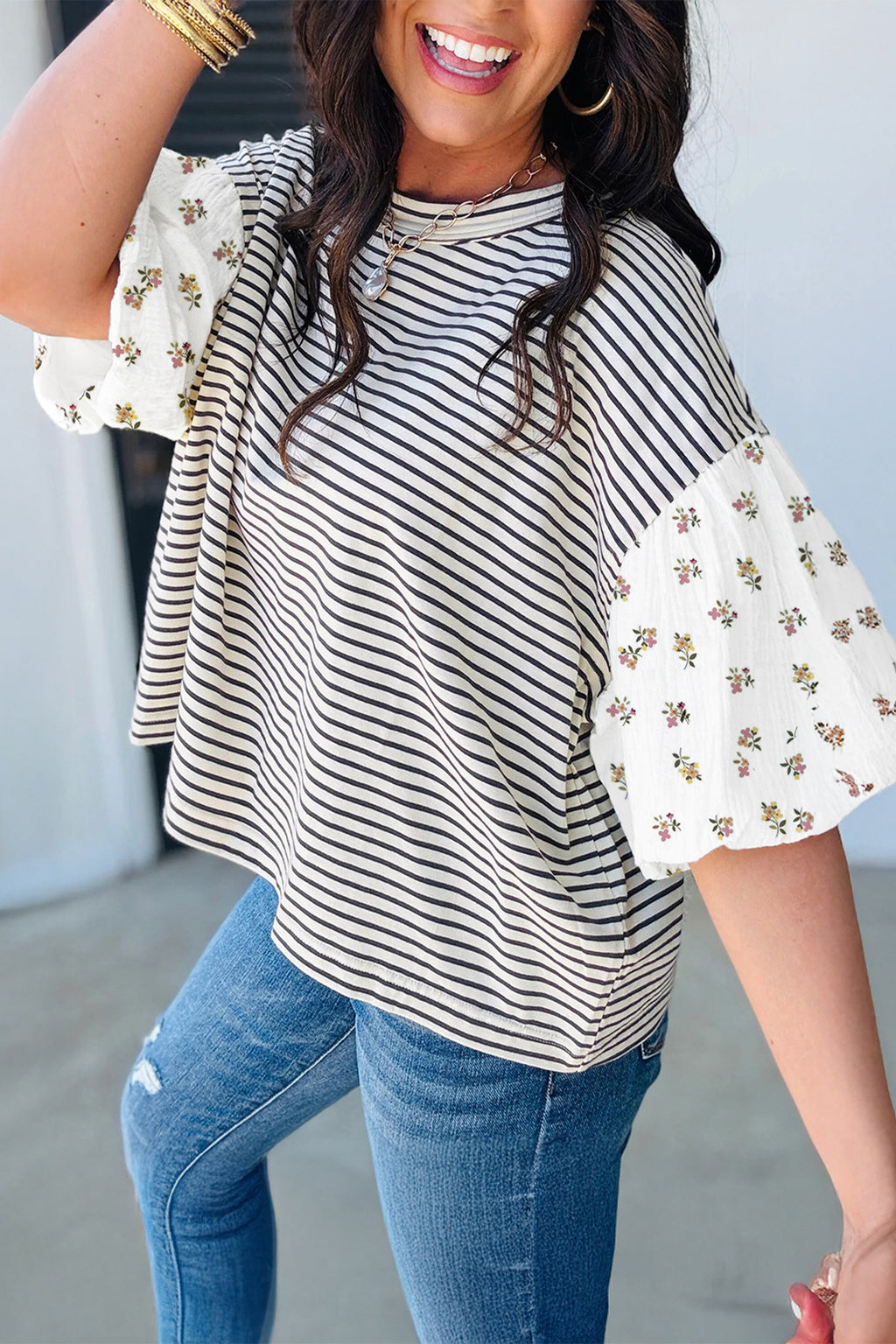 LuckeLadybug LLC Puff Sleeve Dress in Striped Pattern with Floral Details for Casual Wear