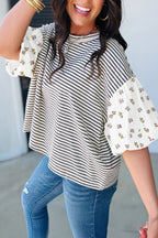 LuckeLadybug LLC Puff Sleeve Dress in Striped Pattern with Floral Details for Casual Wear