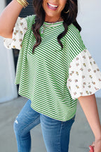 LuckeLadybug LLC Green Striped Blouse with Puff Sleeve Dress Style and Floral Embroidery