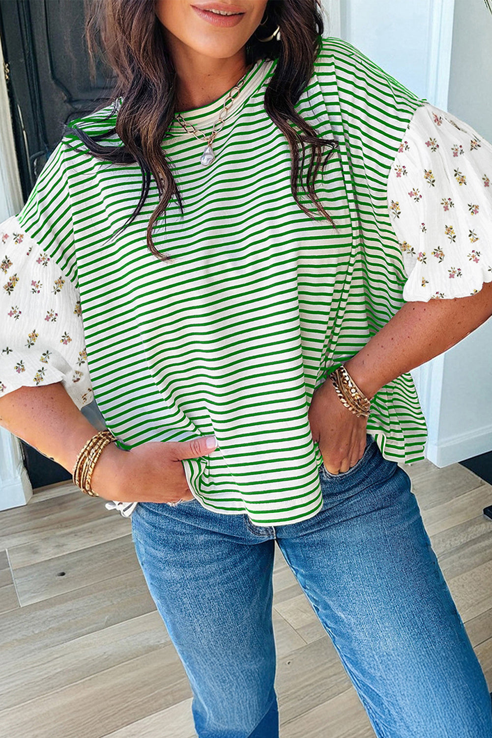 LuckeLadybug LLC Striped Blouse with Puff Sleeve Dress Style for Comfortable Casual Wear