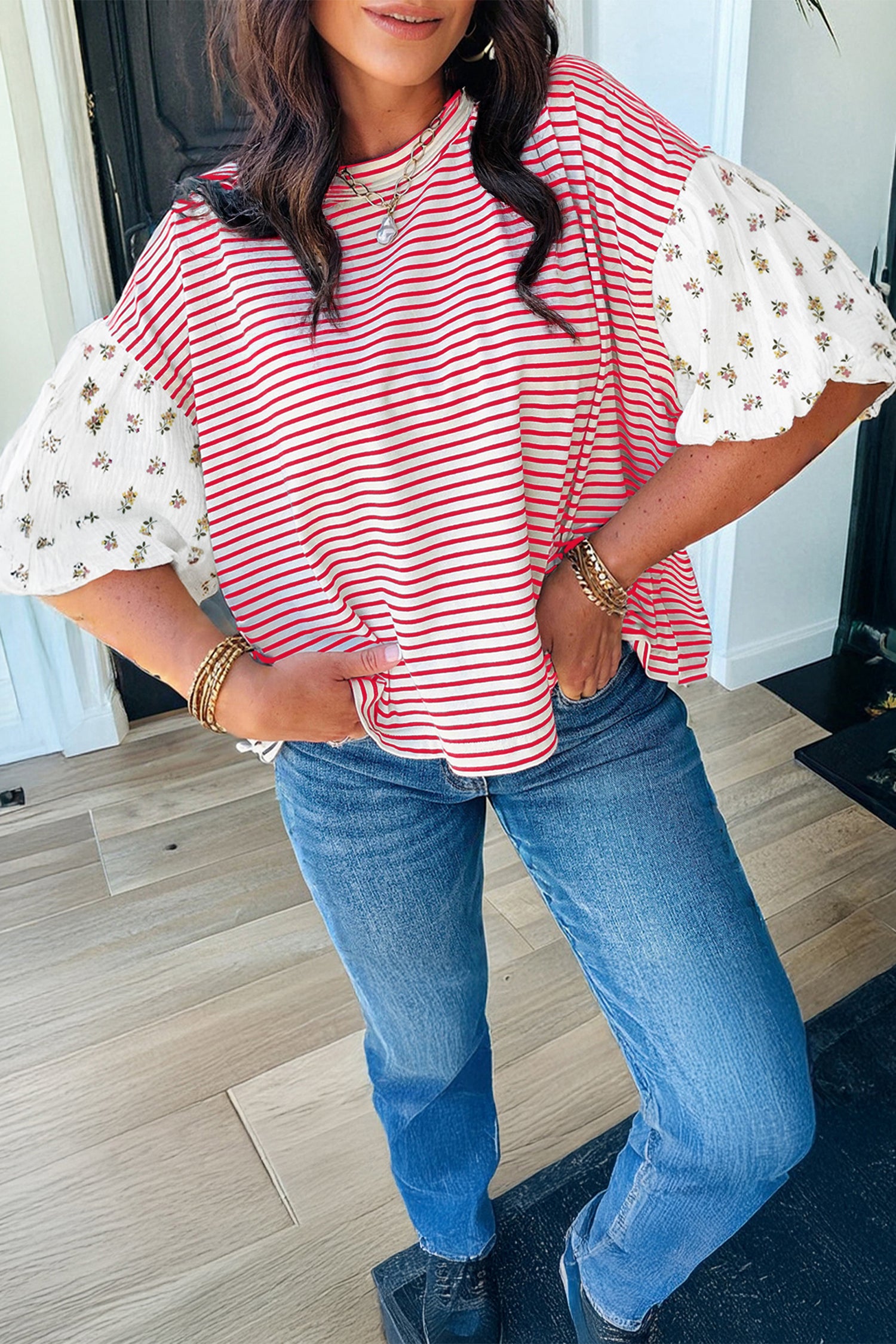 LuckeLadybug LLC puff sleeve dress in red and white stripes with floral patterned sleeves
