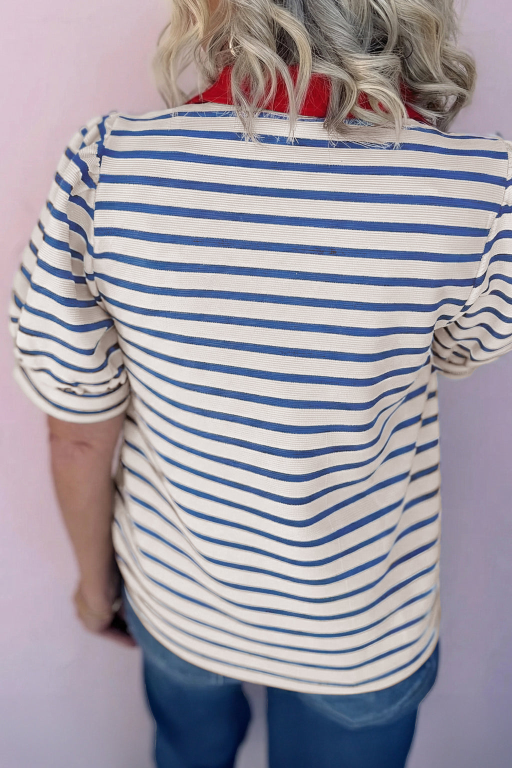 LuckeLadybug LLC striped puff sleeve dress with a red collar for a stylish casual look
