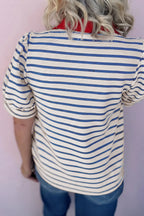 LuckeLadybug LLC striped puff sleeve dress with a red collar for a stylish casual look