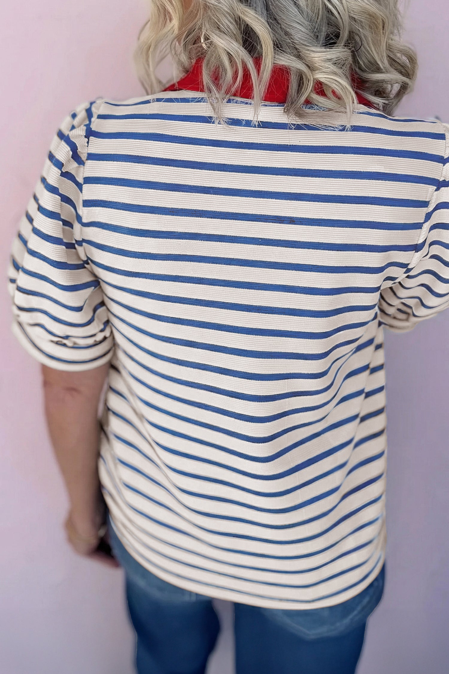 LuckeLadybug LLC striped puff sleeve dress with a red collar for a stylish casual look