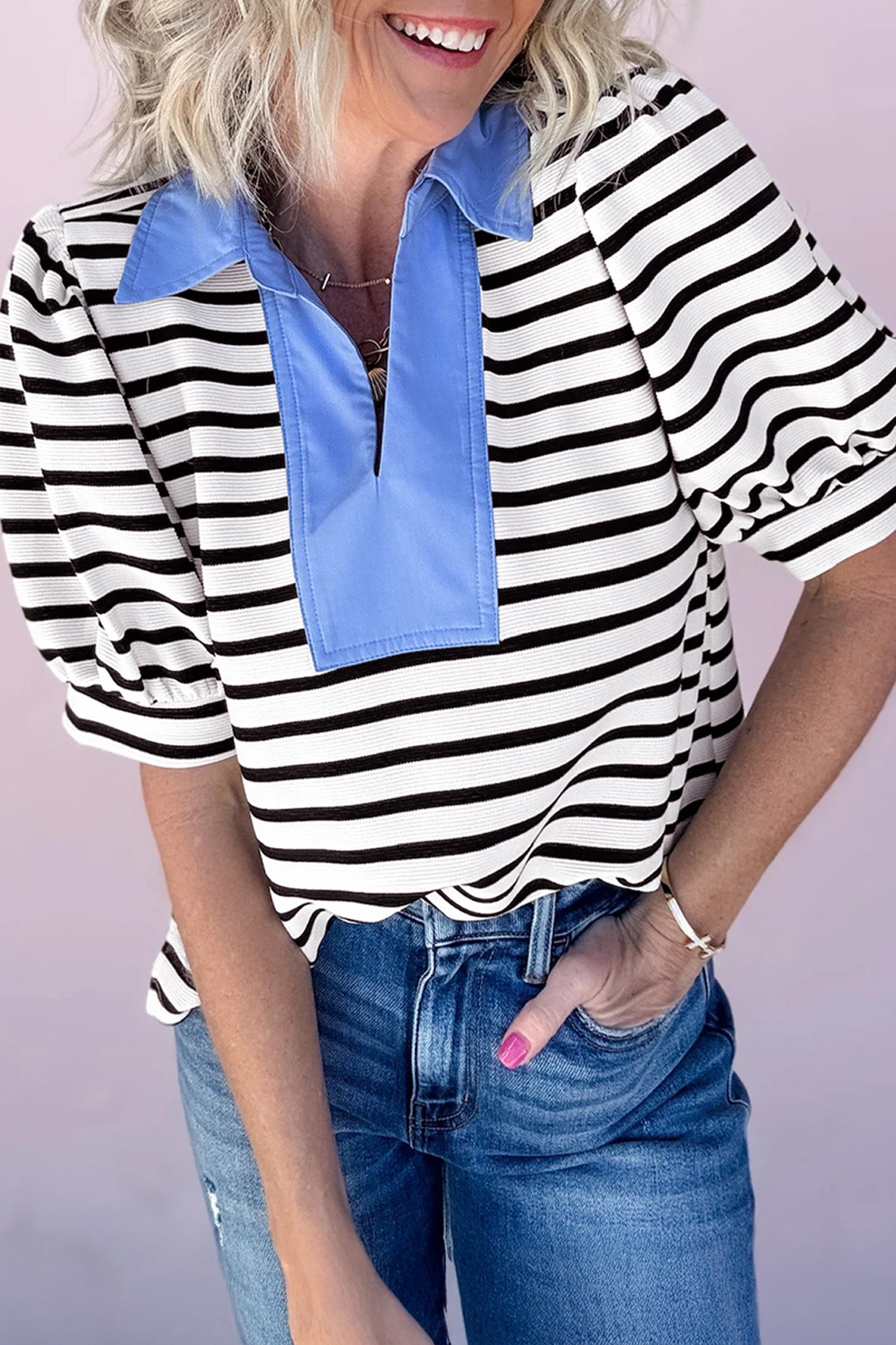 LuckeLadybug LLC striped blouse featuring puff sleeve dress design with blue collar detail