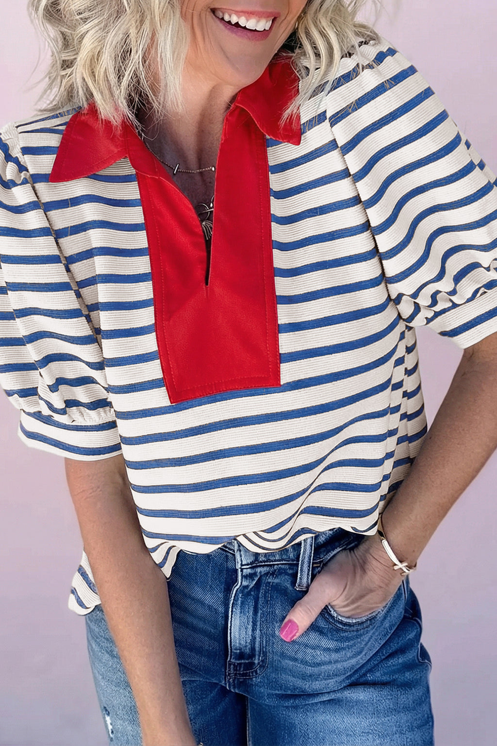 LuckeLadybug LLC Puff Sleeve Dress with Striped Pattern and Contrasting Red Collar
