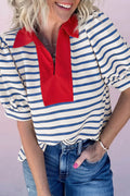 LuckeLadybug LLC Puff Sleeve Dress with Striped Pattern and Contrasting Red Collar