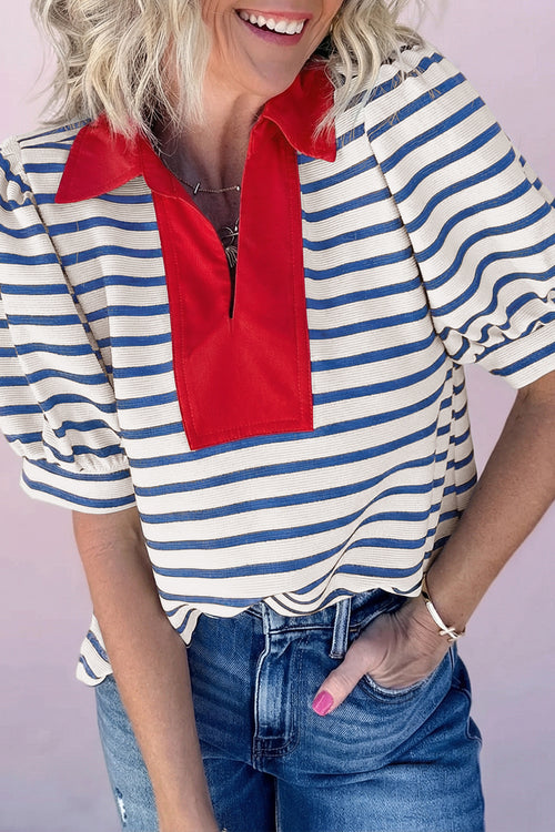 LuckeLadybug LLC Puff Sleeve Dress with Striped Pattern and Contrasting Red Collar