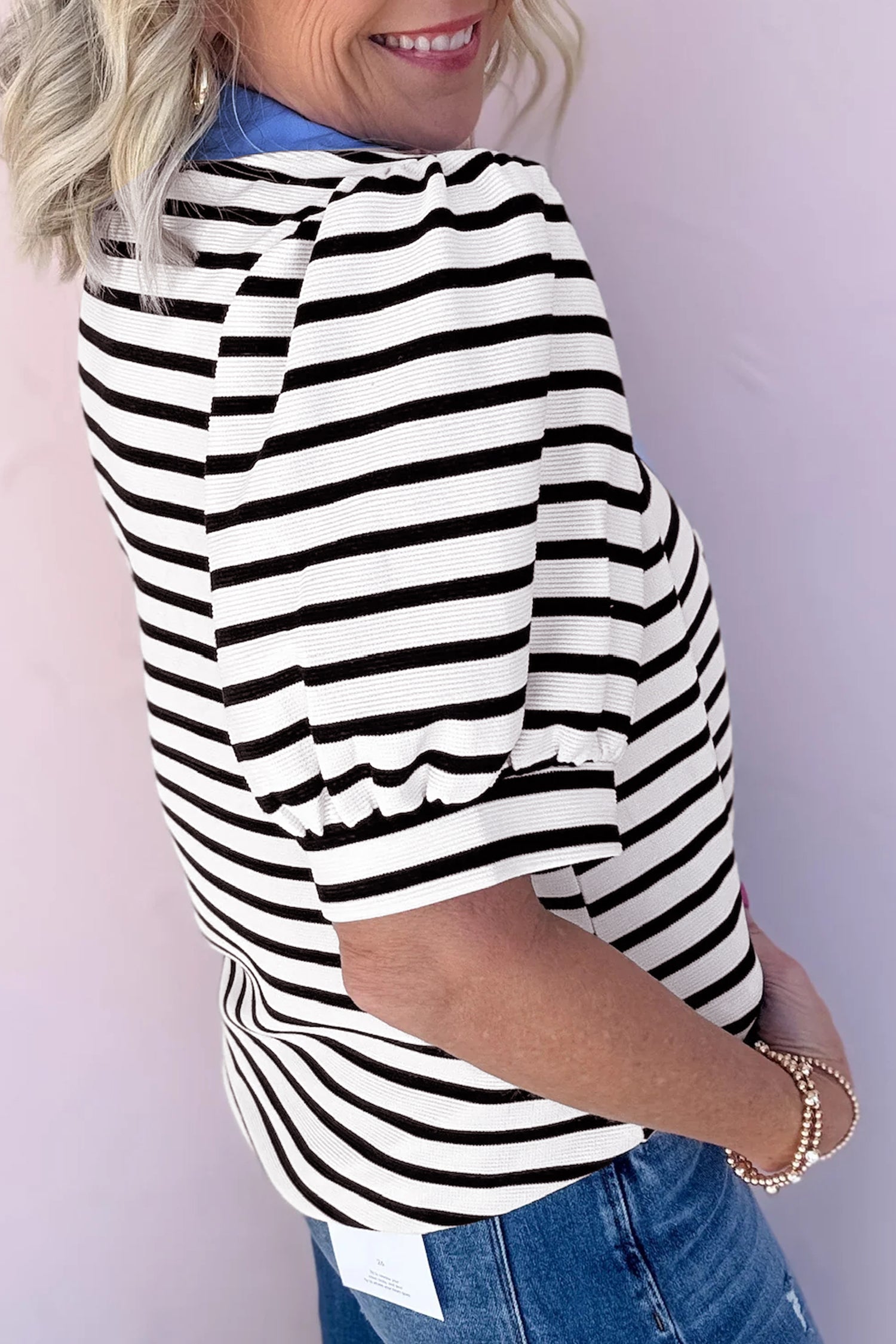 LuckeLadybug LLC Puff Sleeve Dress in striped black and white design with a stylish and trendy fit