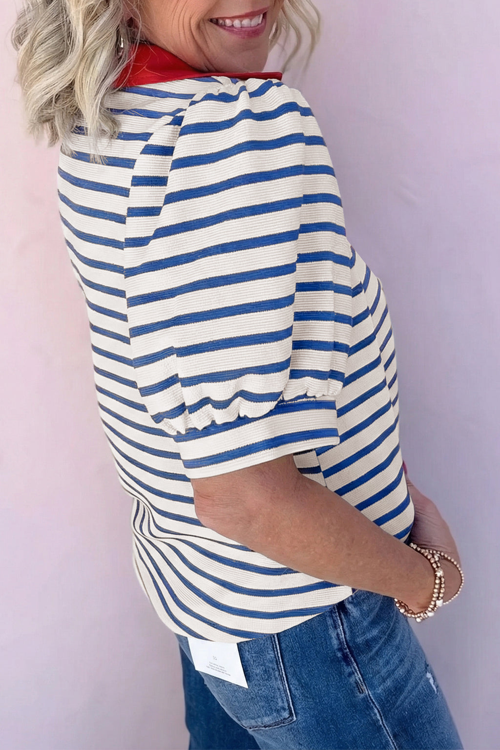 LuckeLadybug LLC striped blouse with puff sleeves, perfect for casual outings and trendy fashion looks