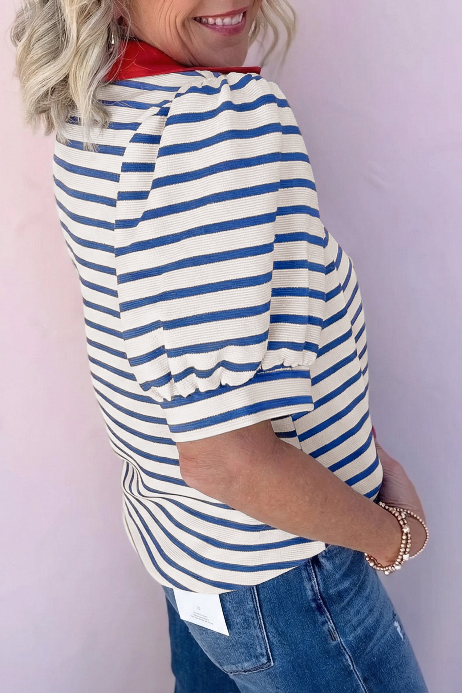 LuckeLadybug LLC striped blouse with puff sleeves, perfect for casual outings and trendy fashion looks