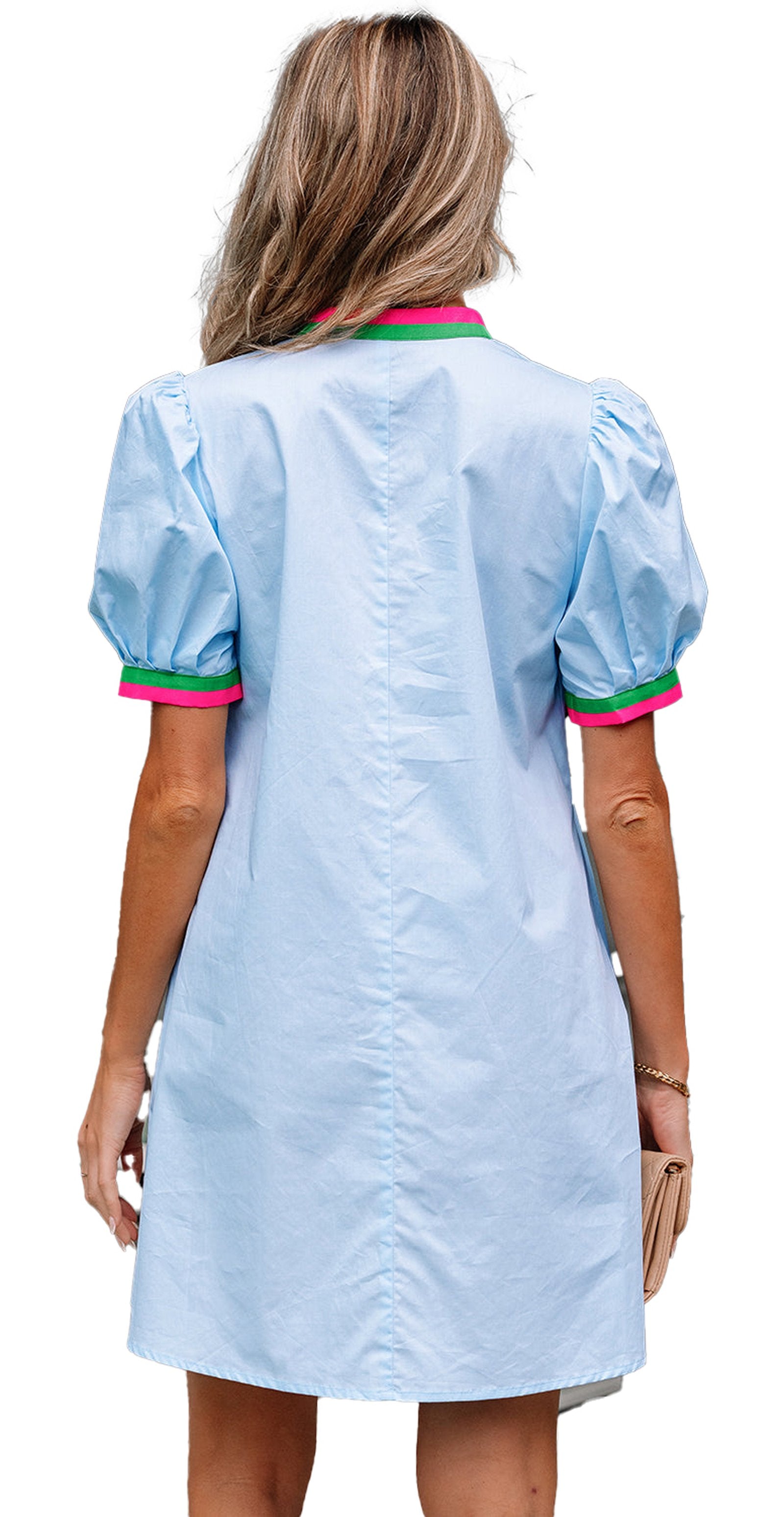 Back view of a LuckeLadybug puff sleeve mini dress in light blue with colorful trim details