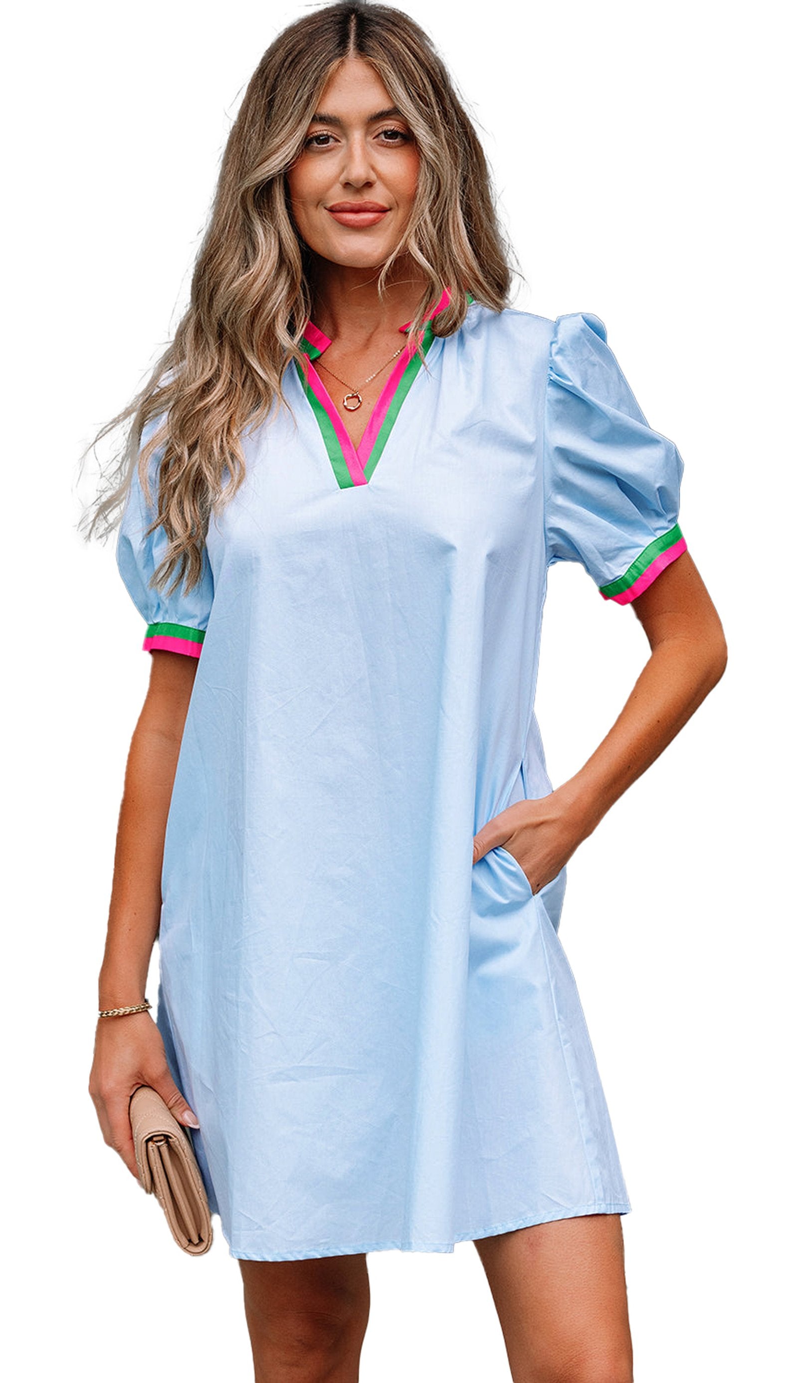 LuckeLadybug puff sleeve mini dress in light blue with colorful trim and side pockets for casual outings