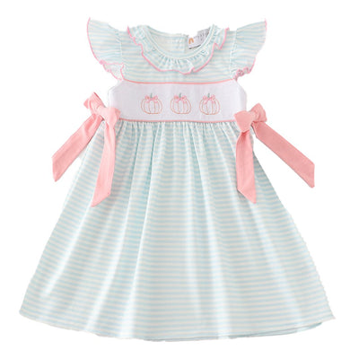 Adorable Pumpkin Embroidery Stripe Dress For Stylish Babies & Toddlers - LuckeLadybug LLC