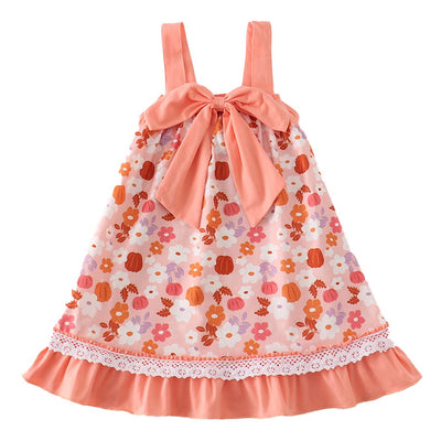 Adorable Pumpkin Floral Print Bow Dress For Stylish Babies And Toddlers - LuckeLadybug LLC