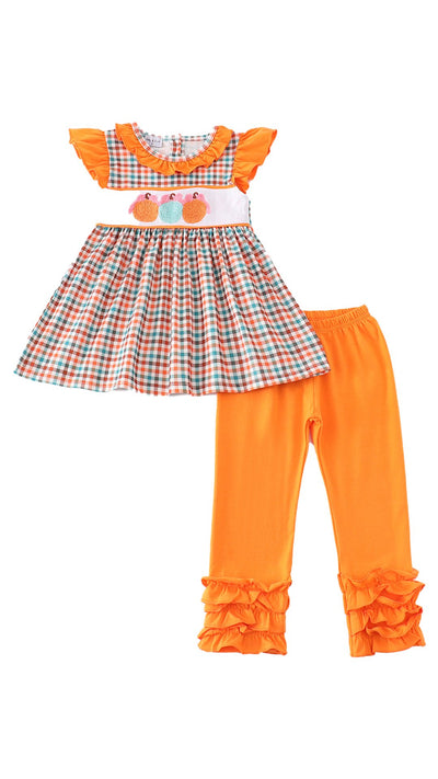 Adorable Pumpkin French Knot Gingham Girl Set For Your Little One! - LuckeLadybug LLC