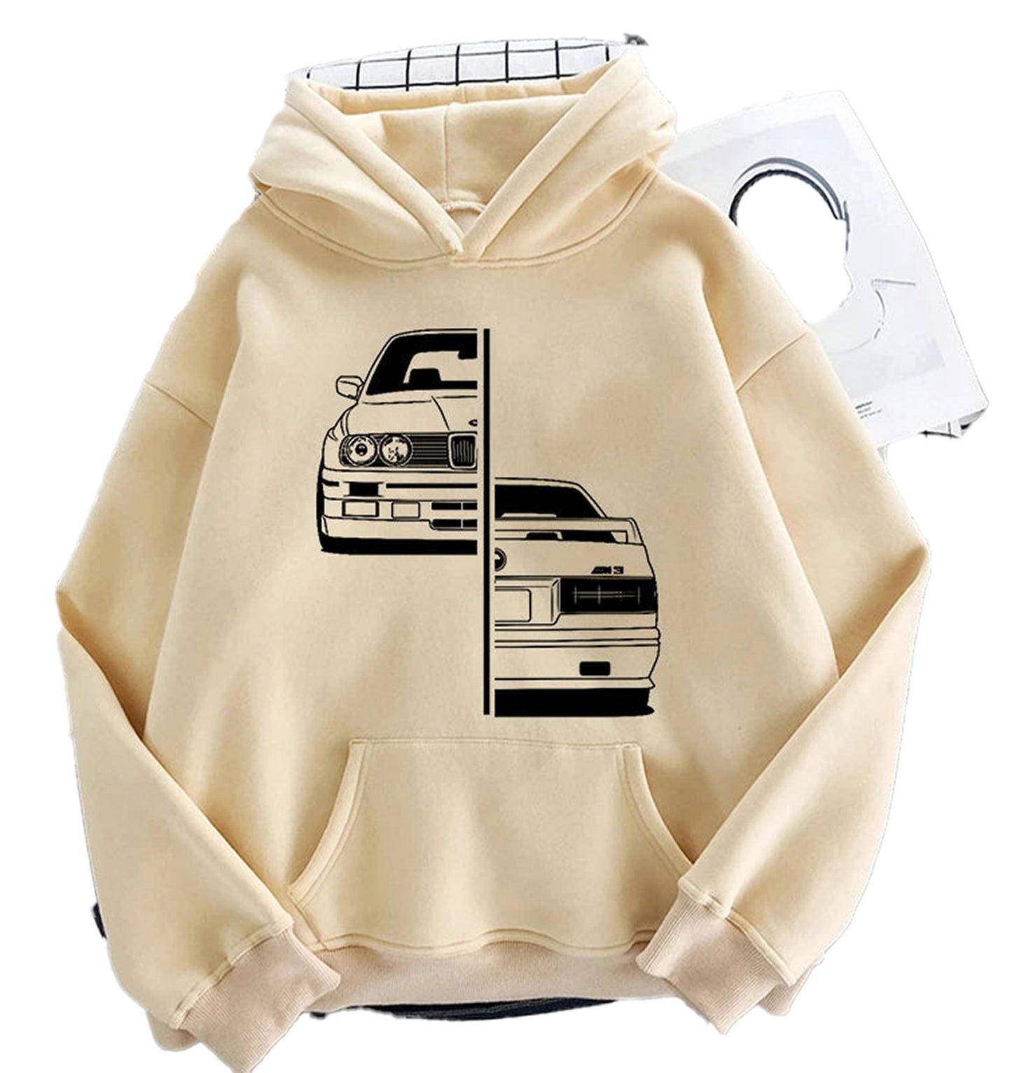 Purple car graphic hoodie men featuring classic car designs on a stylish beige background