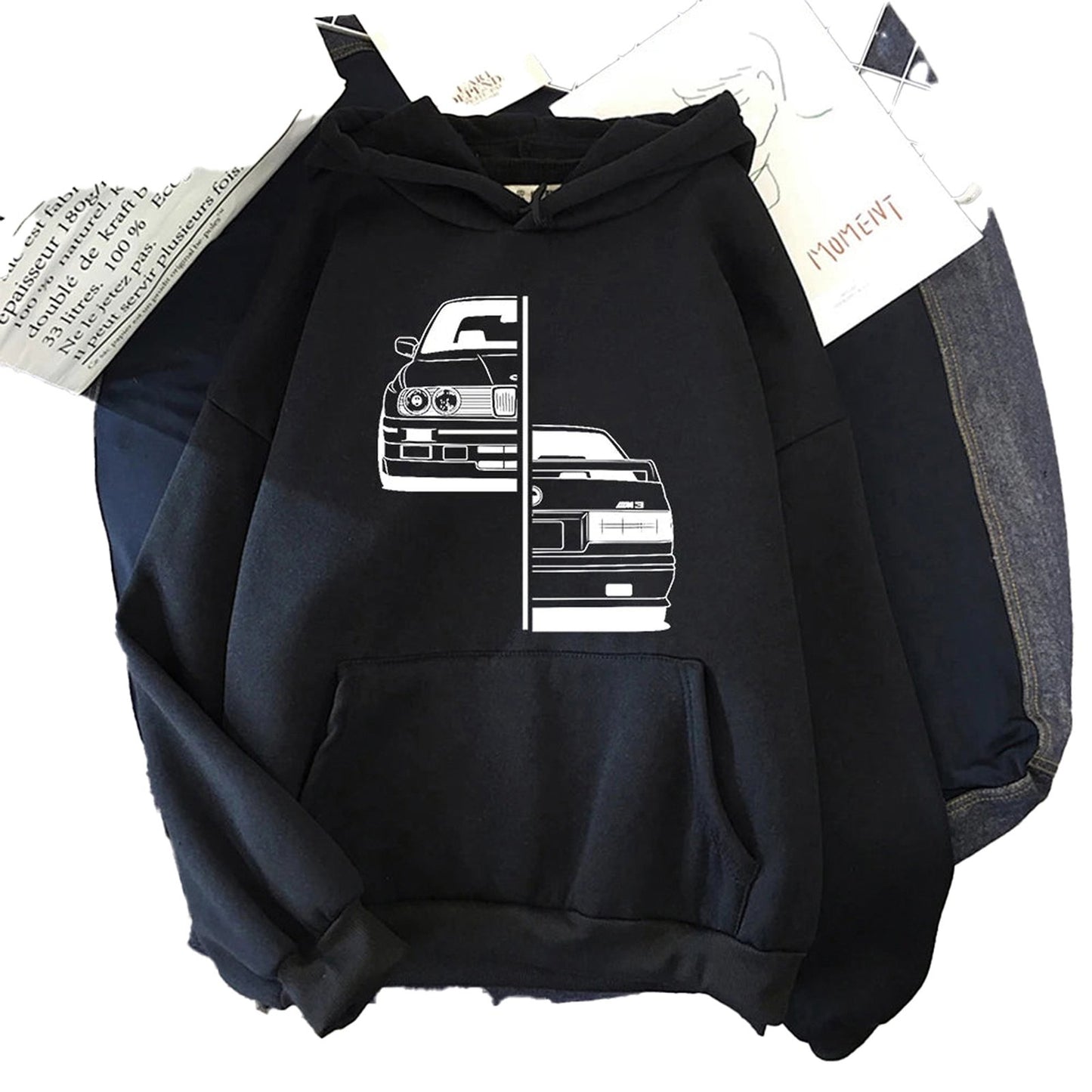 LuckeLadybug LLC purple car graphic hoodie men featuring a sleek car design on a comfortable fabric