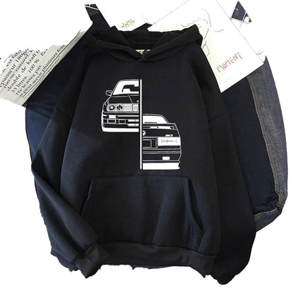 LuckeLadybug LLC purple car graphic hoodie men featuring a sleek car design on a comfortable fabric