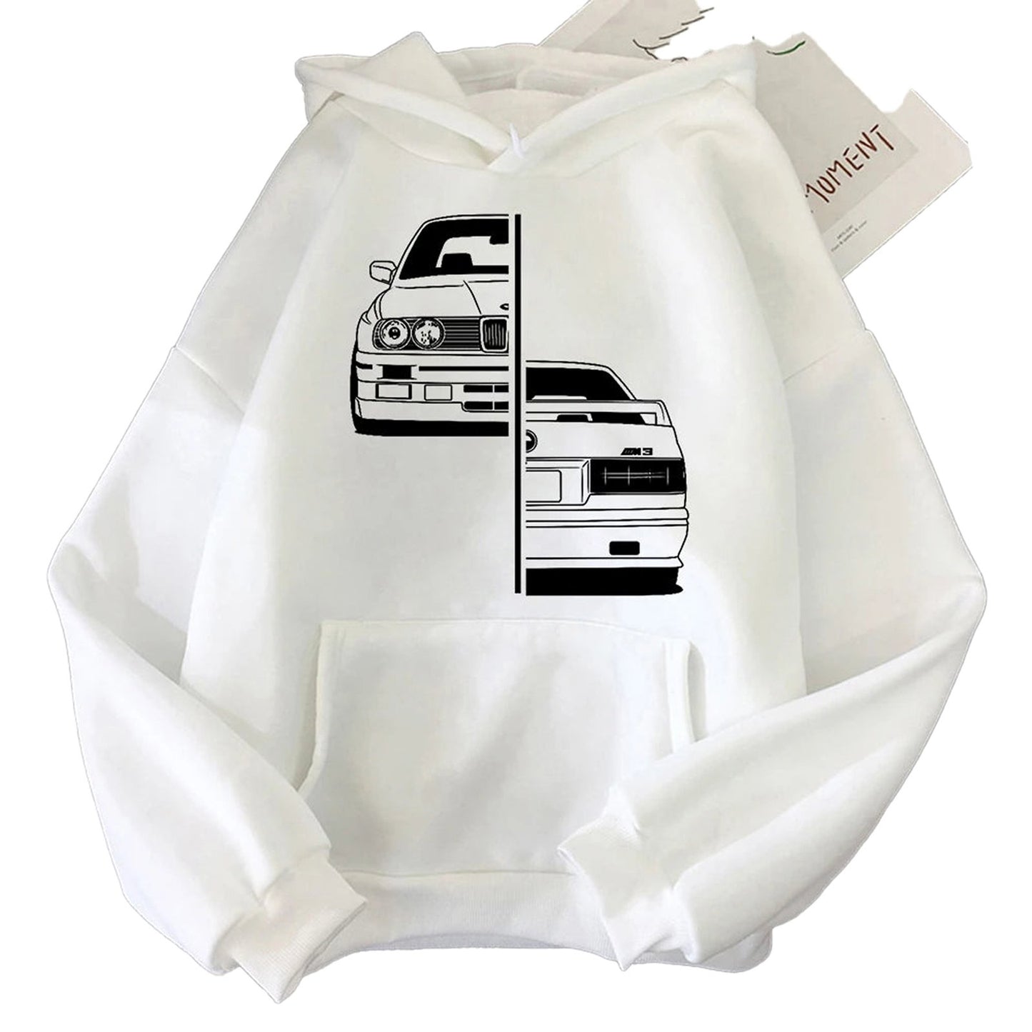 White hoodie featuring a purple car graphic hoodie men design with sleek car illustrations