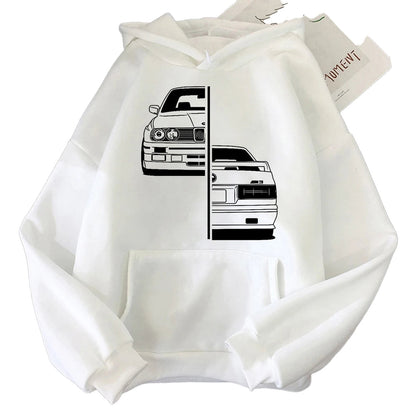 White hoodie featuring a purple car graphic hoodie men design with sleek car illustrations