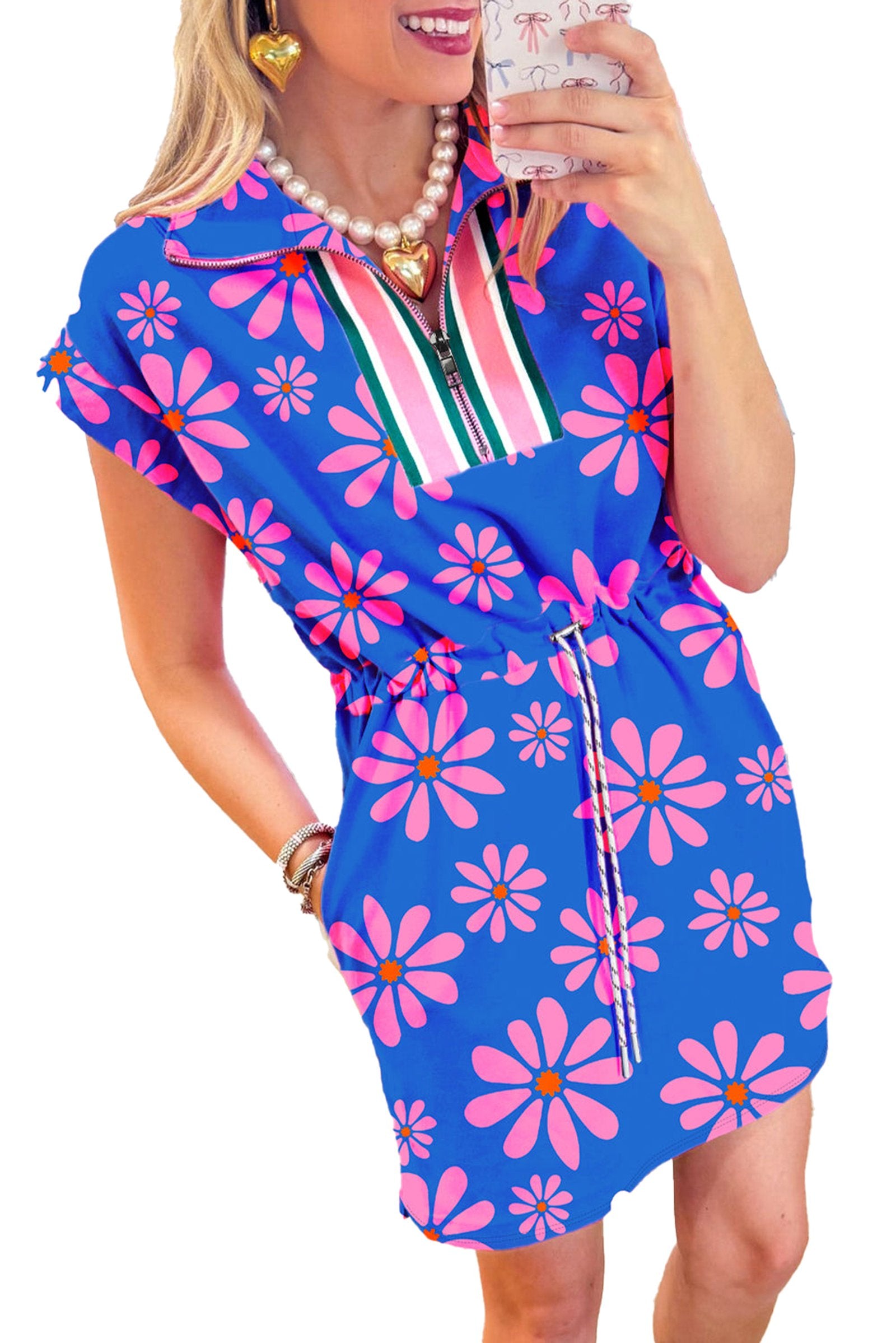 LuckeLadybug purple floral mini dress with playful flower patterns and a cinched waist