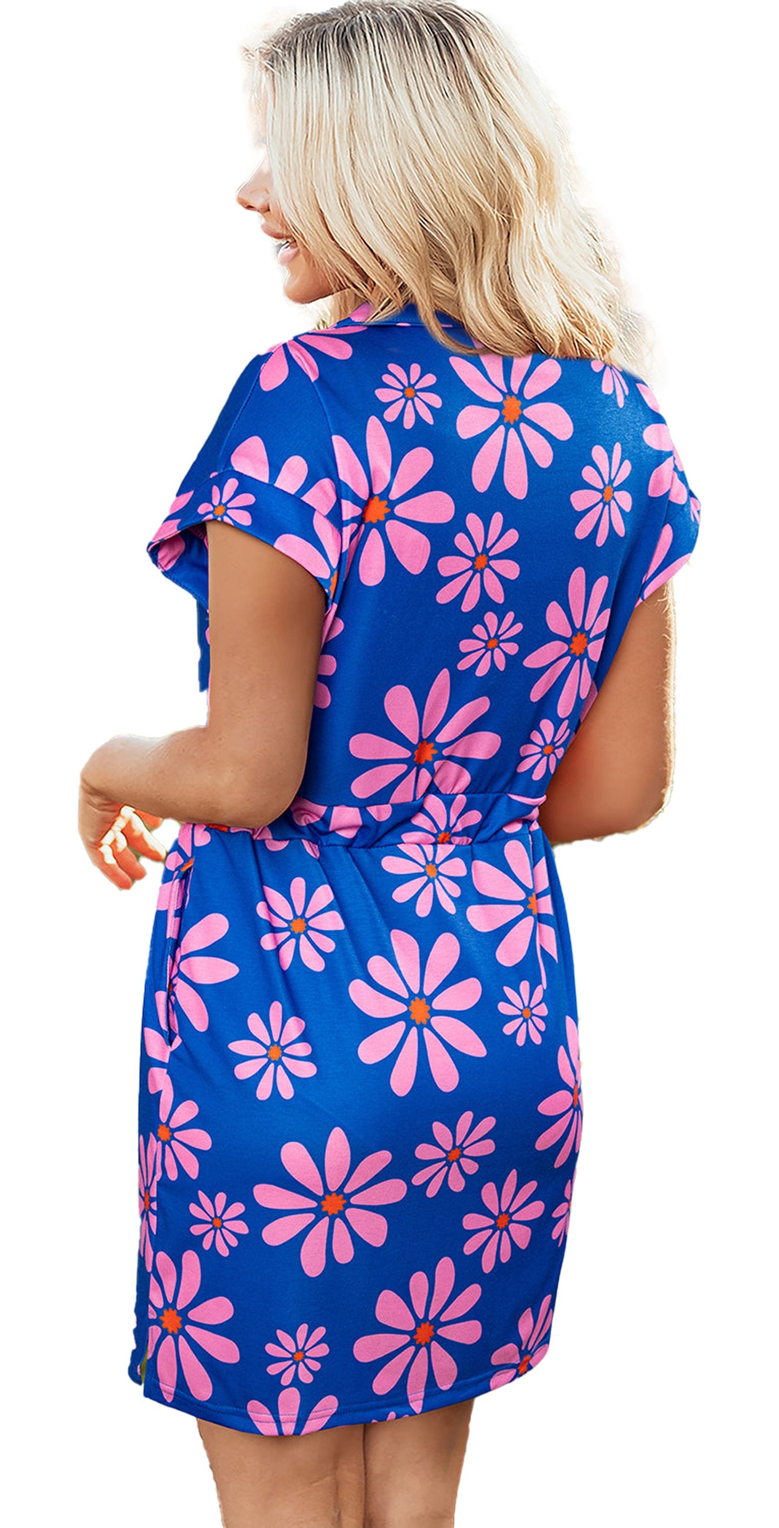 LuckeLadybug purple floral mini dress with bright pink flowers and a flattering fit for spring outings