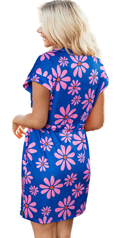 LuckeLadybug purple floral mini dress with bright pink flowers and a flattering fit for spring outings
