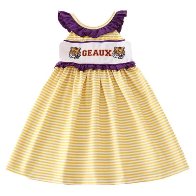 Adorable Purple And Gold Striped Geaux Embroidery Girl Dress For Trendy Babies And Toddlers! - LuckeLadybug LLC